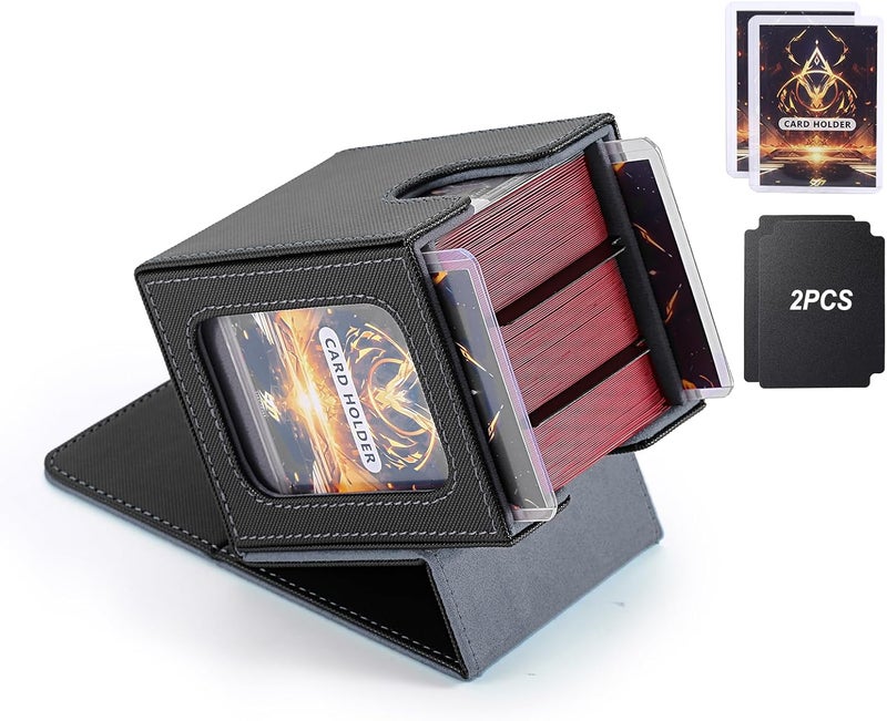 Stepane MTG Deck Box, Double Display Window MTG, Commander Deck Box Fits 120+ Single Sleeved Cards, PU Leather Magnetic Closure Card Box with 2 Dividers&2 Toploaders for TCG, CCG, Black/Grey - Image 1